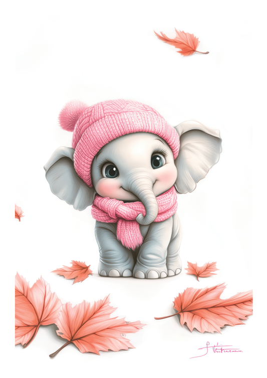 Affiche chambre enfant d'une petite éléphante avec bonnet et écharpe rose.