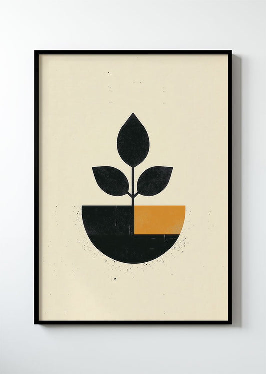 Poster Bauhaus d'une plante géométrique noire sur fond crème dans un cadre noir