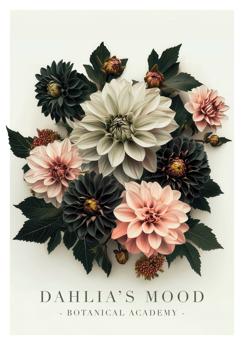 Affiche murale botanique de dahlias crème, rose pâle et vert sombre sur un fond blanc cassé.