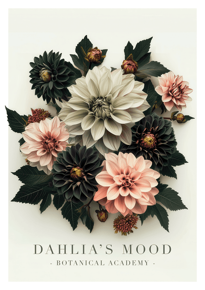 Affiche murale botanique de dahlias crème, rose pâle et vert sombre sur un fond blanc cassé.