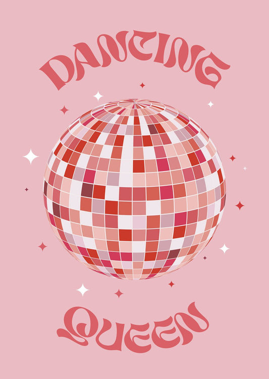 Affiche vintage pop boule a facettes sur fond rose "dancing queen".