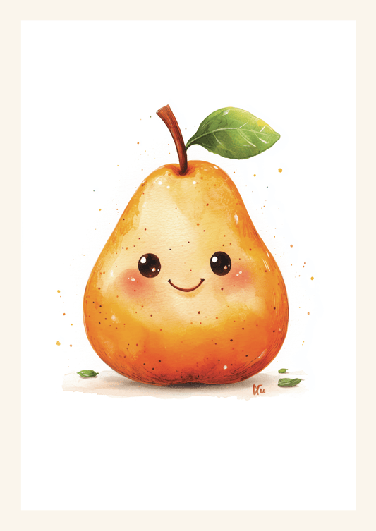 Affiche pour chambre bébé d'une poire souriante, à l'aquarelle, sur fond blanc.