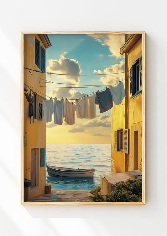 Poster italie été d'une photo de linge suspendu au bord de l'eau dans un cadre en bois