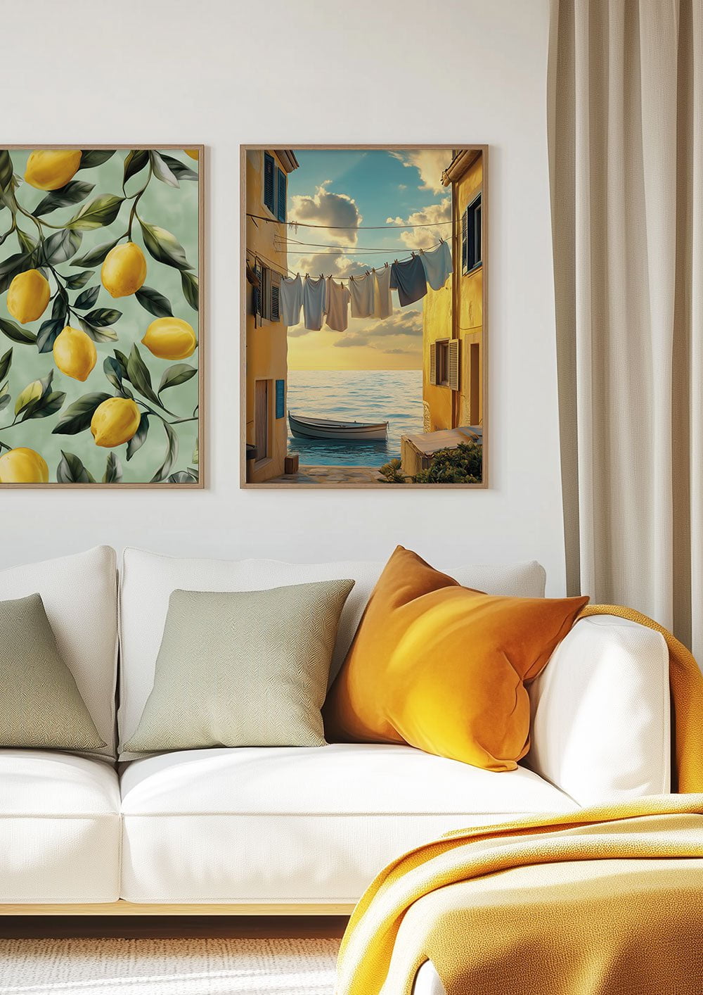 Duo d'affiche italie été tons jaune sur le mur d'un salon