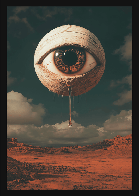 Affiche cabinet de curiosités d'un œil flottant dans les airs au milieu d'un paysage désertique