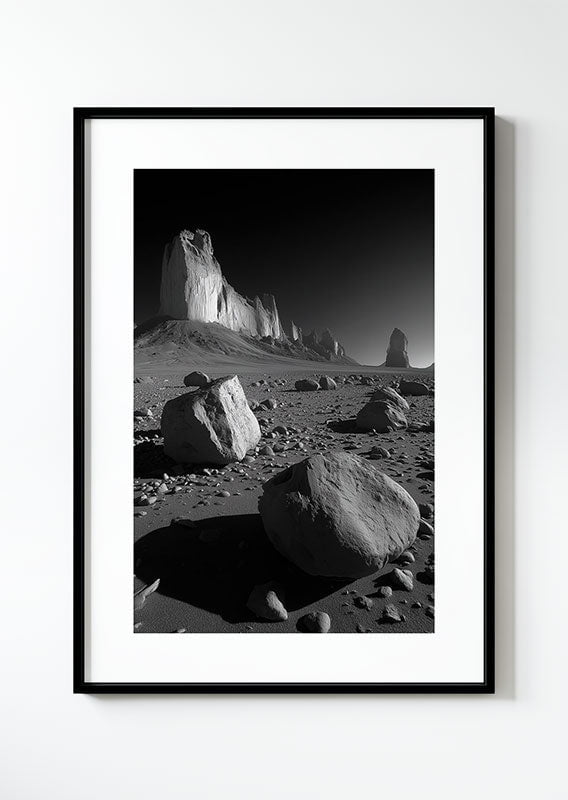 Affiche photographie noir et blanc d'une vue d'un desert avec des cailloux en gros plan.