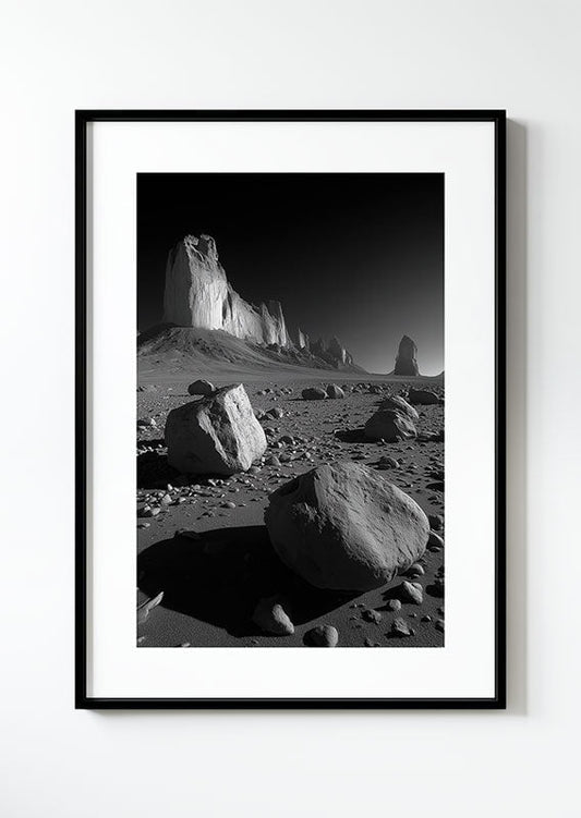 Affiche photographie noir et blanc d'une vue d'un desert avec des cailloux en gros plan.