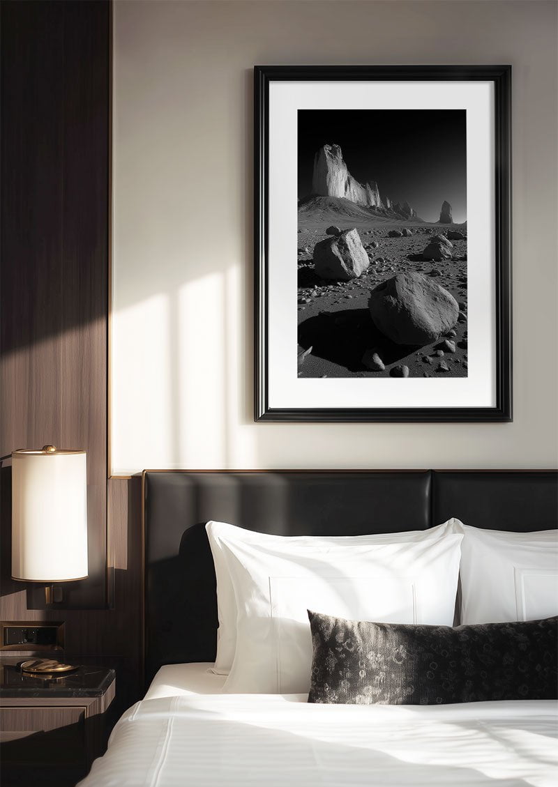 Affiche photographie noir et blanc d'un desert encadrée au dessus d'un lit dans un hotel