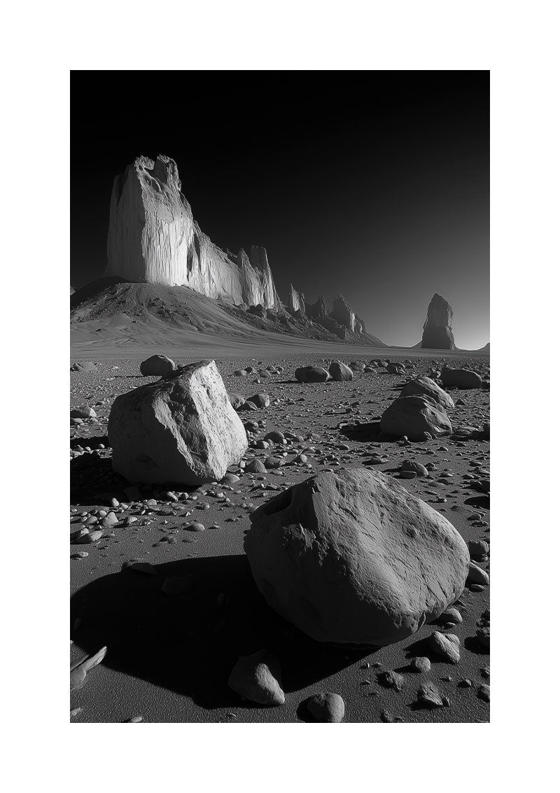 Affiche photographie noir et blanc d'une vue d'un désert avec des grosses pierres