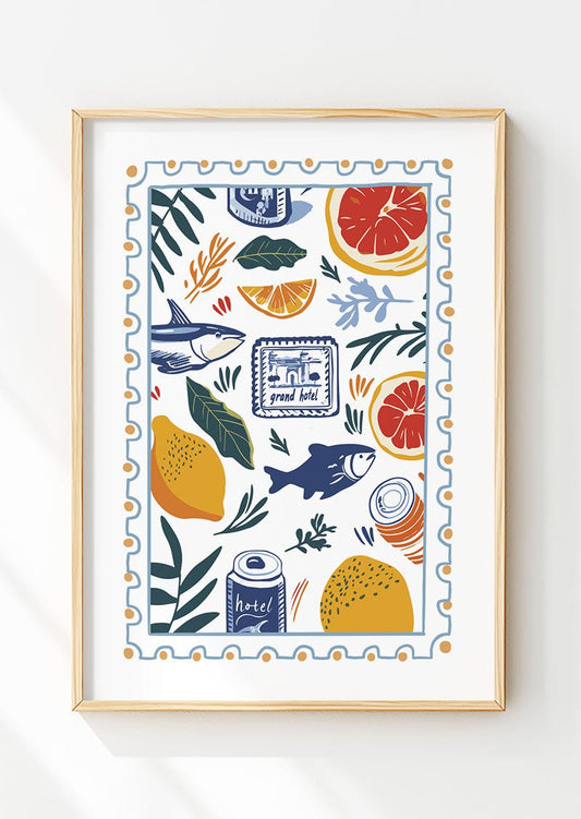 Poster murale été illustration de poissons et éléments italiens, dans un cadre en bois