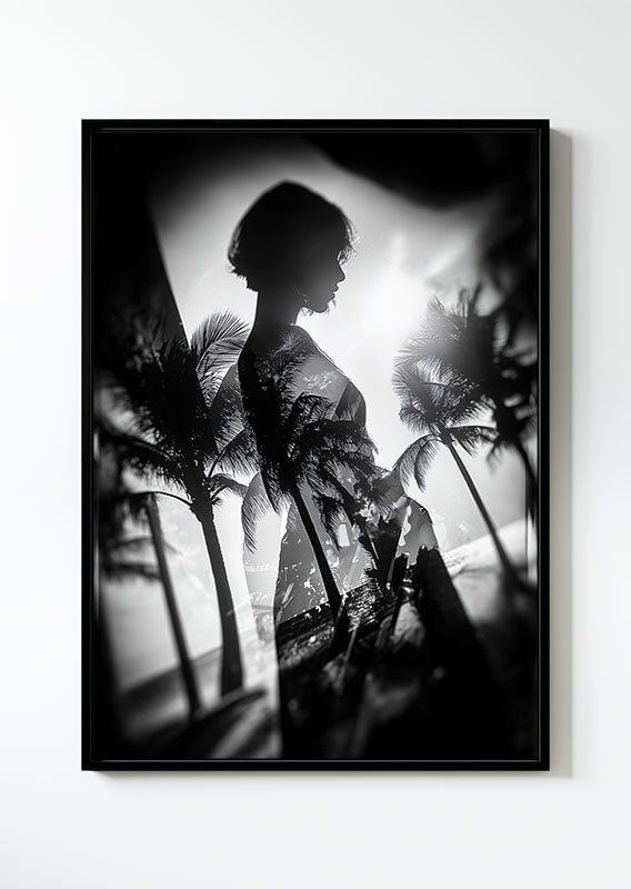 affiche photographie noir et blanc d'une silhouette et palmiers en double exposition dans un cadre