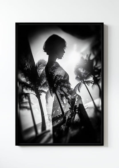 affiche photographie noir et blanc d'une silhouette et palmiers en double exposition dans un cadre