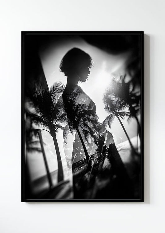 affiche photographie noir et blanc d'une silhouette et palmiers en double exposition dans un cadre