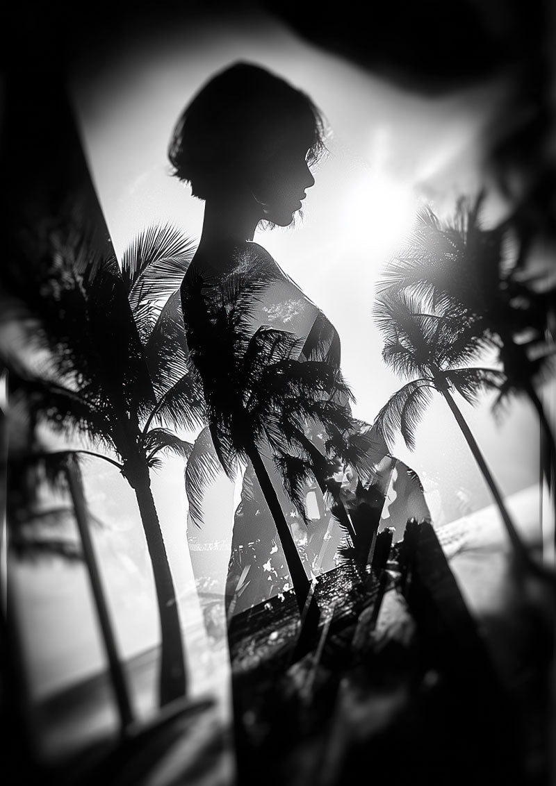 affiche photographie noir et blanc d'une silhouette féminine en double exposition avec un paysage de palmiers
