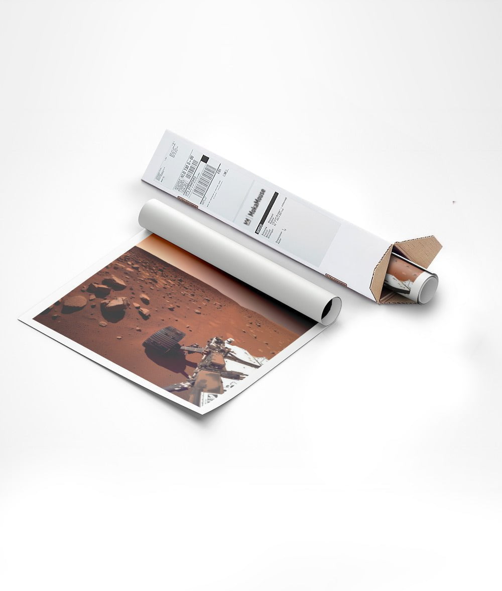 Emballage de l'affiche murale espace de la photo de Mars dans un carton de forme triangulaire.