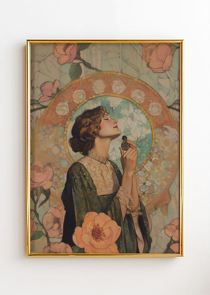 Poster art déco avec une femme élégante et un parfum dans le style de mucha, dans un cadre or