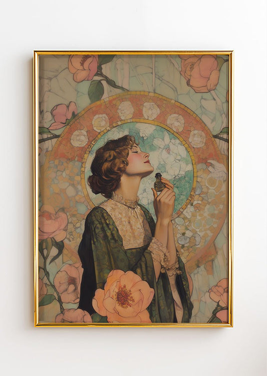 Poster art déco avec une femme élégante et un parfum dans le style de mucha, dans un cadre or