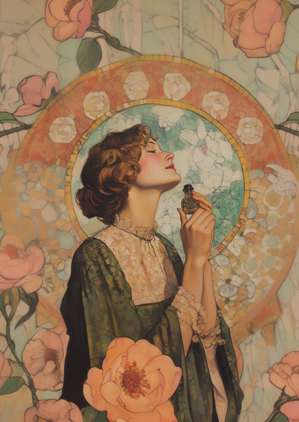 Affiche art déco 1930 d'une femme en robe tenant un flacon, sur fond de de roses.