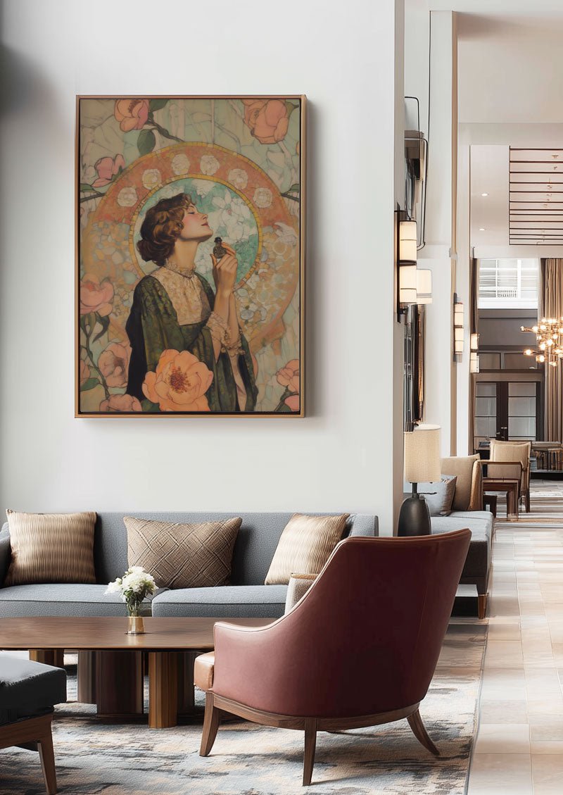 Poster art déco eau de rose, dans un cadre accroché sur le mur d'un salon d'hotel.