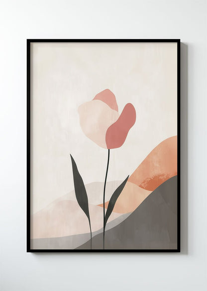 Poster contemporain illustrant une fleur Wabi-Sabi, rose et crème dans un cadre noir.