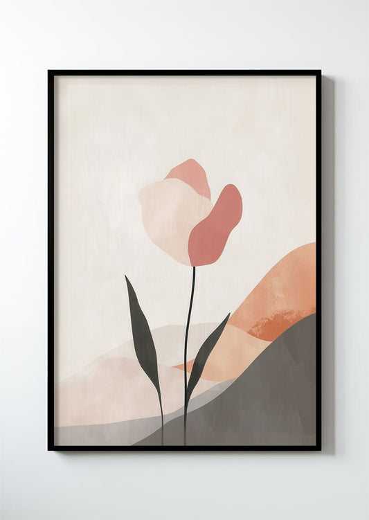 Poster contemporain illustrant une fleur Wabi-Sabi, rose et crème dans un cadre noir.