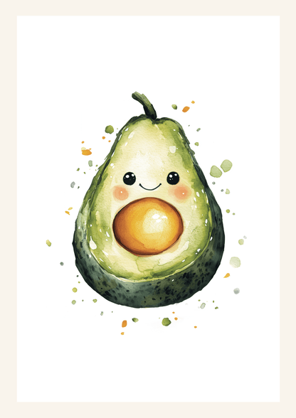 Affiche pour chambre bébé représentant un avocat mignon à l'aquarelle sur fond blanc.