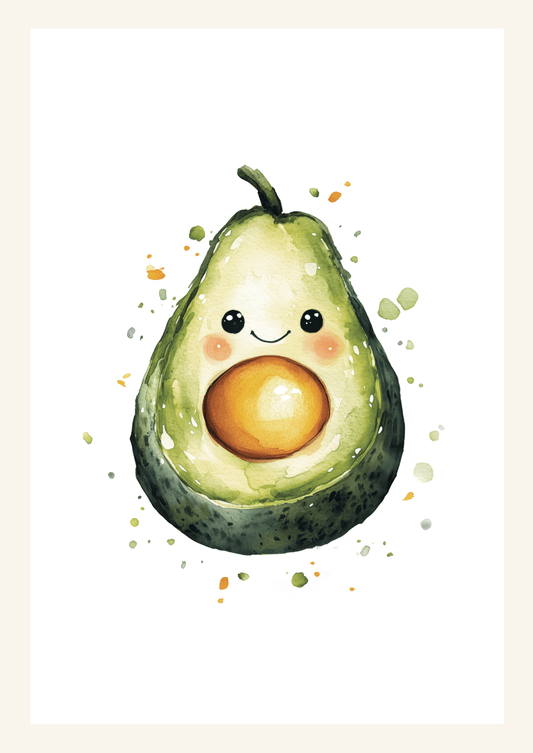 Affiche pour chambre bébé représentant un avocat mignon à l'aquarelle sur fond blanc.
