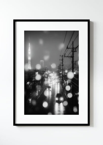 Affiche photographie noir et blanc d'une route avec la tokyo tower illuminée dans un cadre noir