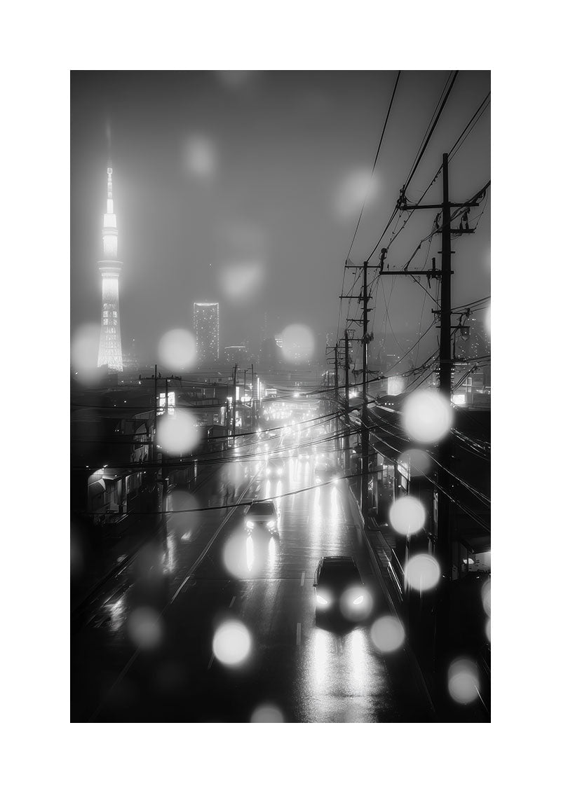 Affiche photographie noir et blanc d'une route avec la tokyo tower illuminée dans le fond