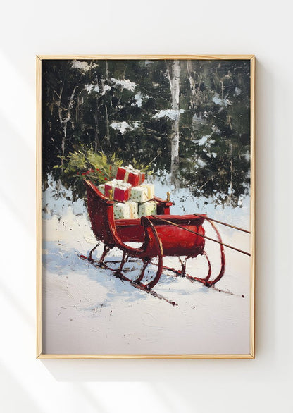 Affiche de noel d'une peinture à l'huile d'une traineau rouge rempli de cadeau, dans un cadre