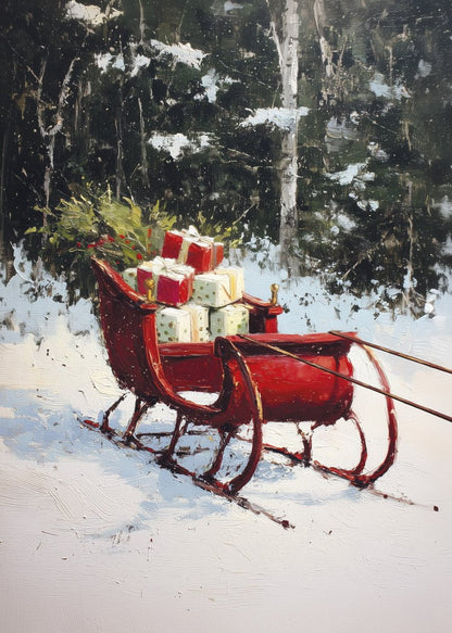 Affiche de noel d'une peinture à l'huile d'un traineau rouge rempli de cadeau, dans la neige
