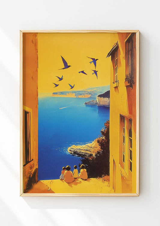 Poster italie tons jaune montrant quatre enfants face à la mer dans un cadre en bois