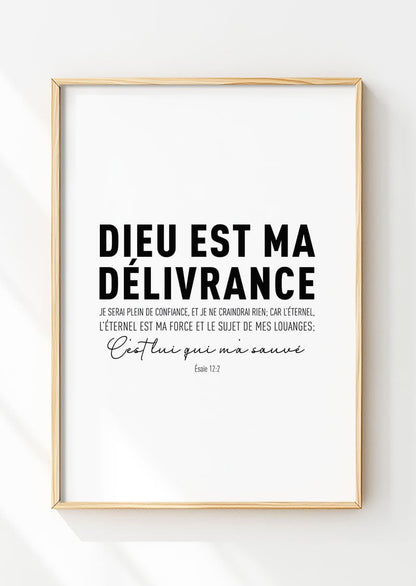 Affiche chrétienne d'un verset de la bible "dieu est ma délivrance" dans un cadre en bois