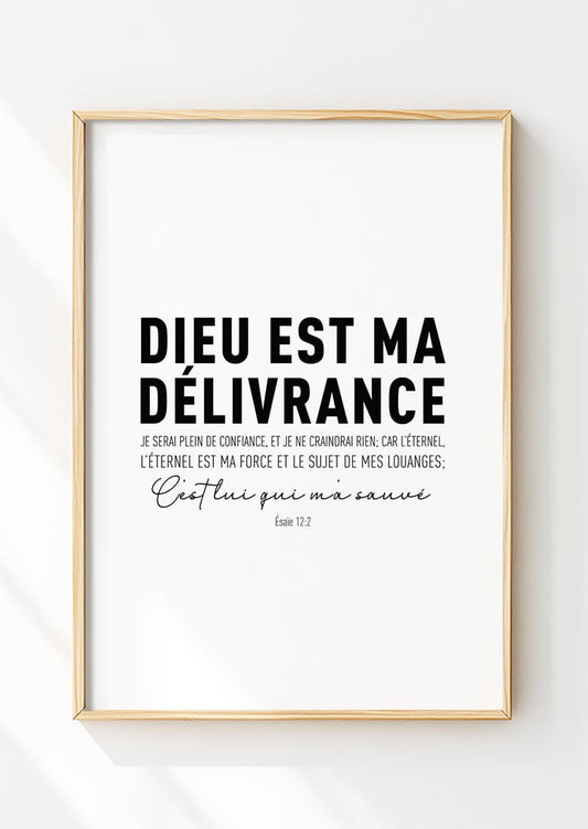 Affiche chrétienne d'un verset de la bible "dieu est ma délivrance" dans un cadre en bois