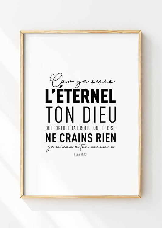 Affiche chrétienne du verset de la bible Esaïe 41:13 dans un cadre en bois