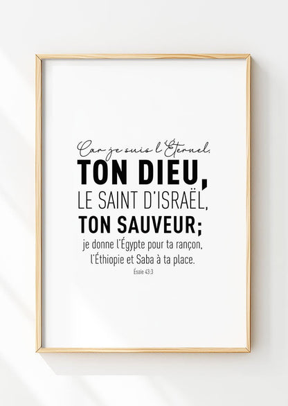 Affiche chrétienne verset de la bible Esaïe 43:3 dans un cadre