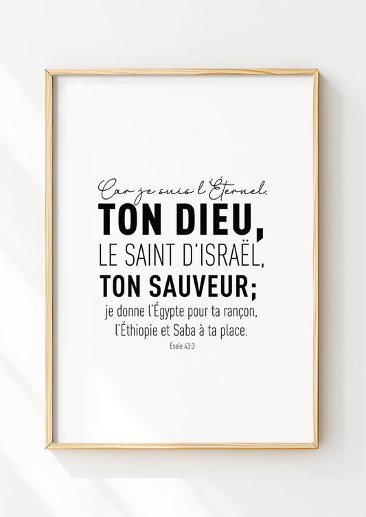 Affiche chrétienne verset de la bible Esaïe 43:3 dans un cadre