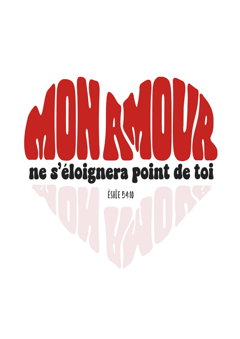 Affiche chrétienne verset Esaïe 54:10 texte en forme de coeur sur fond blanc 
