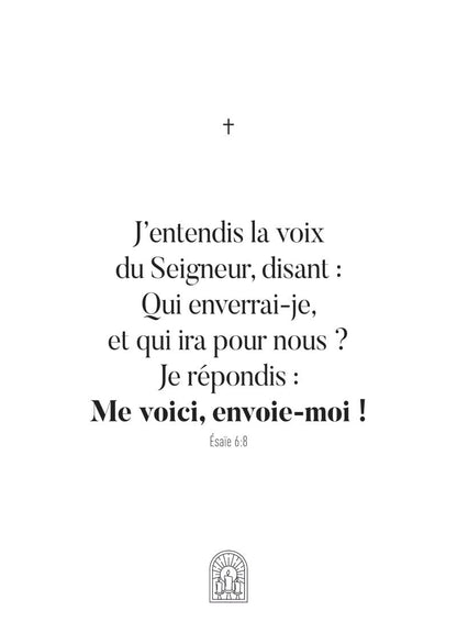 Affiche chrétienne verset biblique Esaïe 6:8 typographie noir sur fond blanc avec un logo vitrail