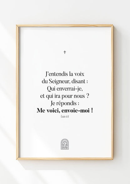 Affiche chrétienne d'un verset de la bible Esaïe 6:8 mis en valeur dans un cadre en bois
