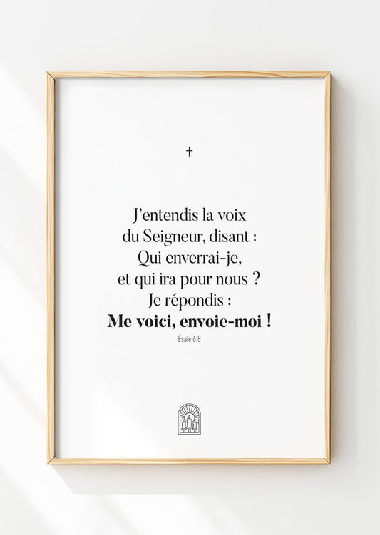 Affiche chrétienne d'un verset de la bible Esaïe 6:8 mis en valeur dans un cadre en bois