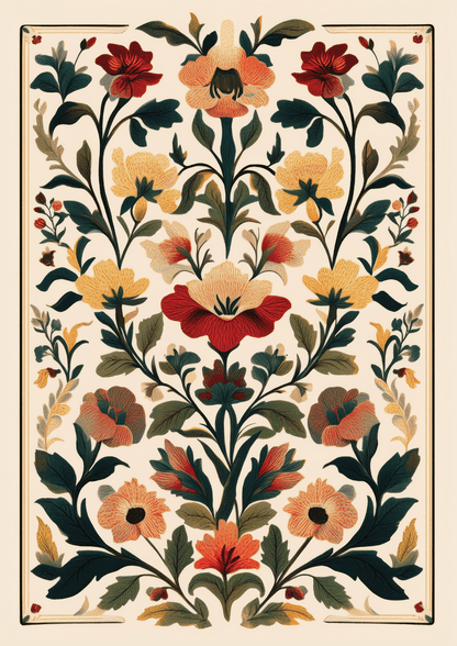 Affiche murale botanique façon kaléidoscope, de fleurs colorées avec une légère bordure.