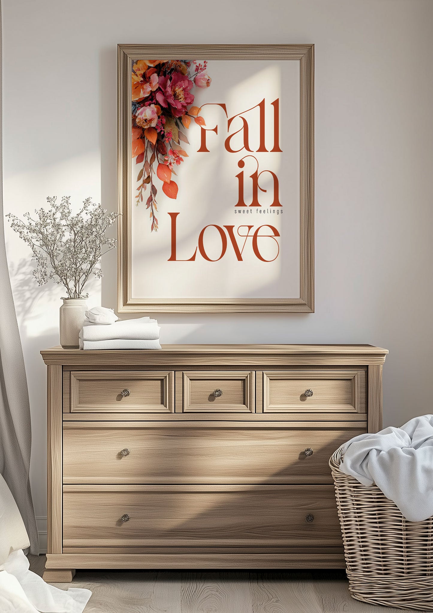 Mise en situation de l'affiche automne montrant une composition florale avec texte, sur un mur