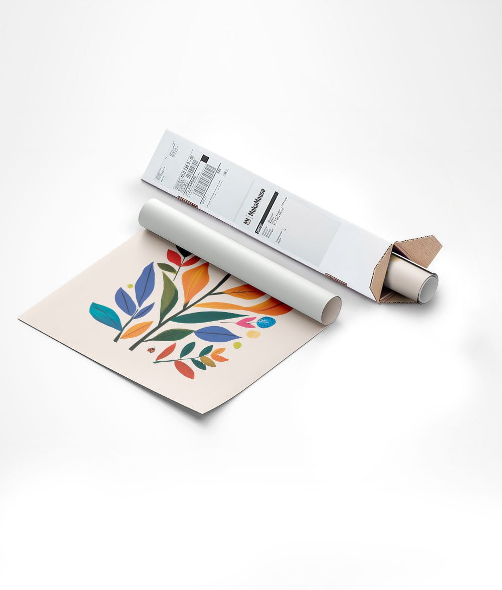Poster fleurs et feuilles de différentes couleurs dans carton d'envoi triangulaire