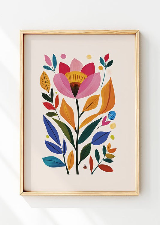 Affiche folk art illustration d'une fleur rose entourée dans un cadre en bois clair