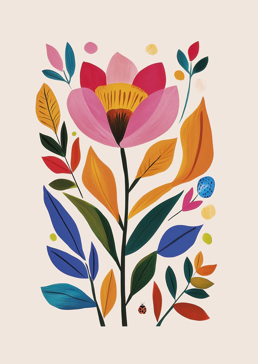 Affiche folk art illustration d'une fleur rose entourée de feuilles de plusieurs couleurs