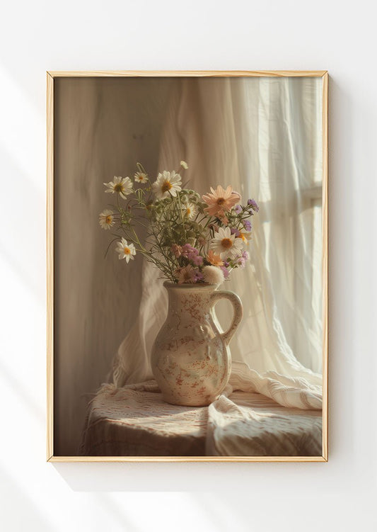 Affiche automne mettant en lumière un vase et des fleurs de campagne, dans un cadre en bois