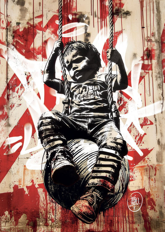 Affiche street-art d'un enfant se servant d'un boulet comme une balançoire, sur fond graffiti