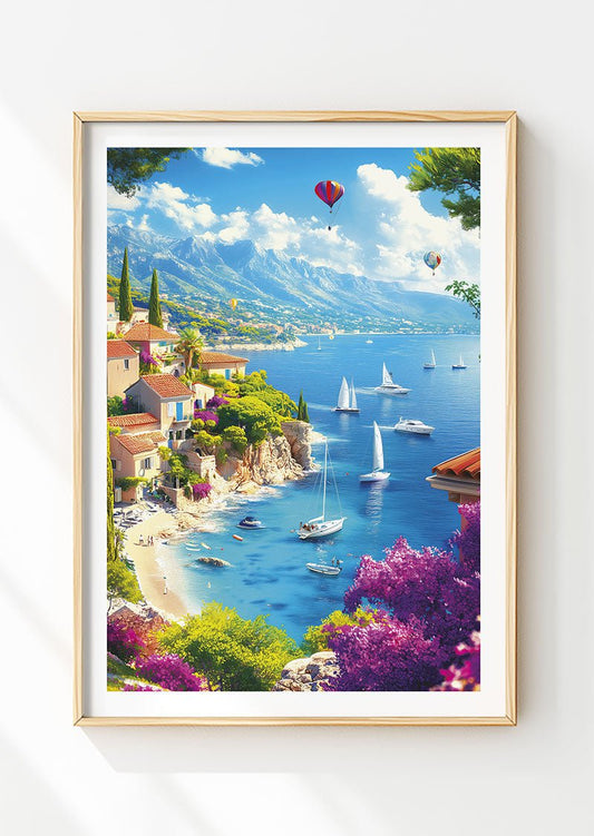 Poster illustration d'une  crique de la French Riviera, dans un cadre en bois