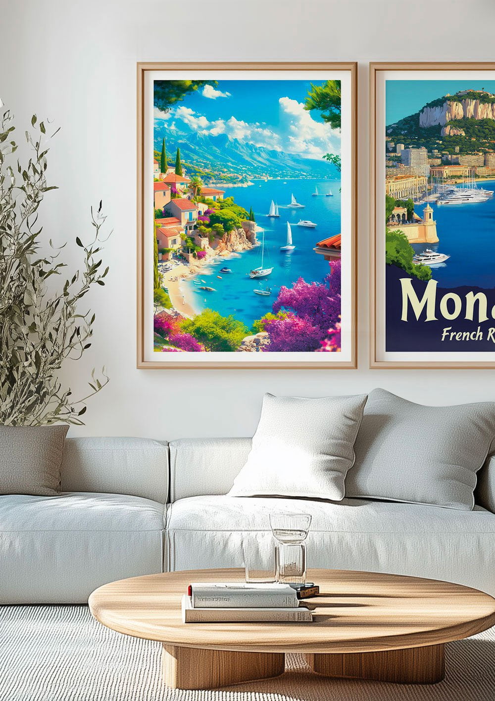 Affiche illustration de la French Riviera,encadrée dans un salon contemporain.